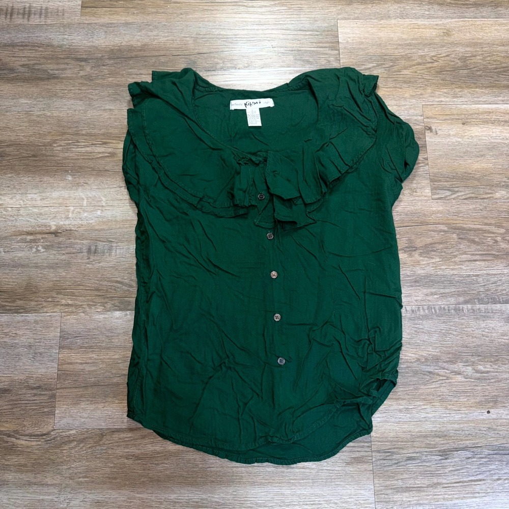 Kikomo Blouse Top Womens L Forest Green Short Sleeve Layered Ruffle Scoop Neck